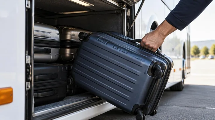 Koffer wird in den Gepäckraum eines Reisebusses geladen